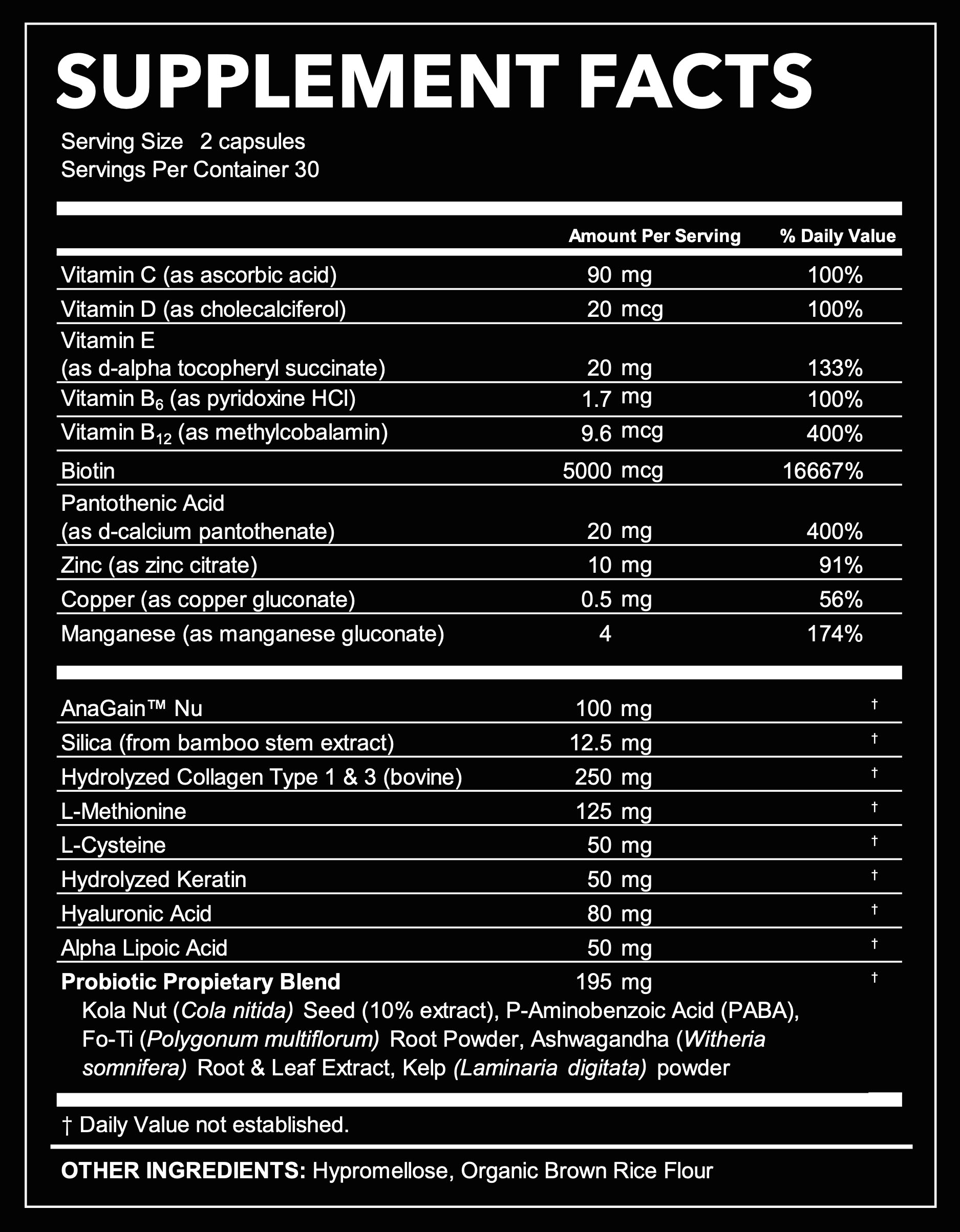 Beard Boost supplement facts panel showing 23 ingredients with doses